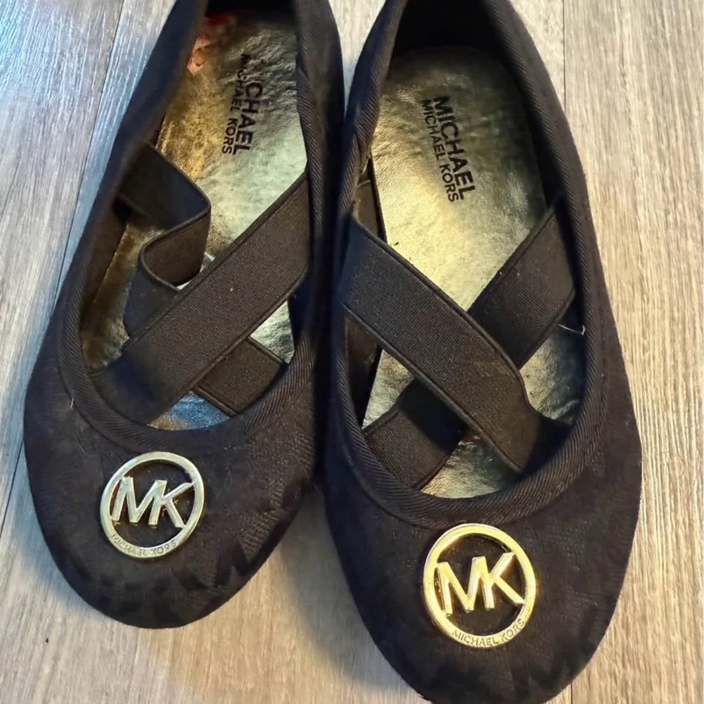 Michael Kors Black Ballet Flats with Gold MK Emblems
